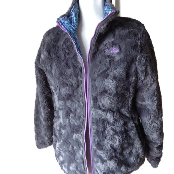 Girls NORTH FACE Faux Fur Reversible Jacket/Gray Fur/ Blue/ Purple